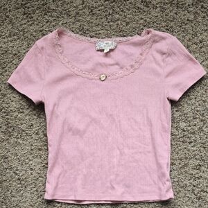 Pink Republic Lacy Soft Pink Lace T Shirt with Cute Cream Rosette